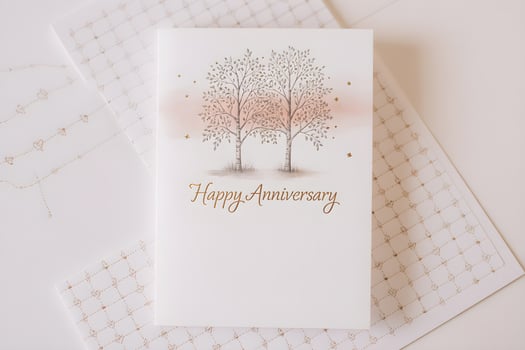 Happy anniversary card showing two trees and pink watercolor background photo