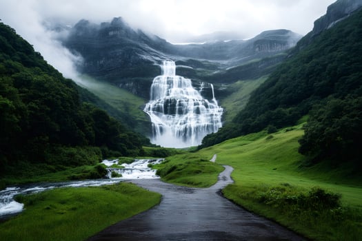 Majestic waterfall cascading down mountainside in lush green valley photo