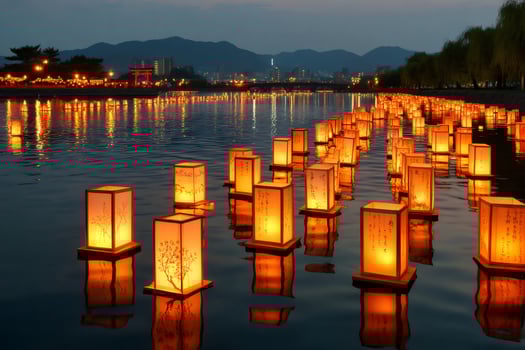 Floating lanterns illuminating river at dusk in japan photo