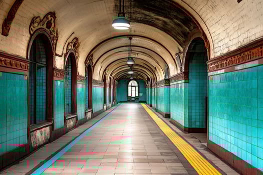 Empty subway corridor with turquoise tiles and vaulted ceiling photo
