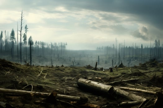 Burned forest showing environmental damage from wildfire with fallen trees photo