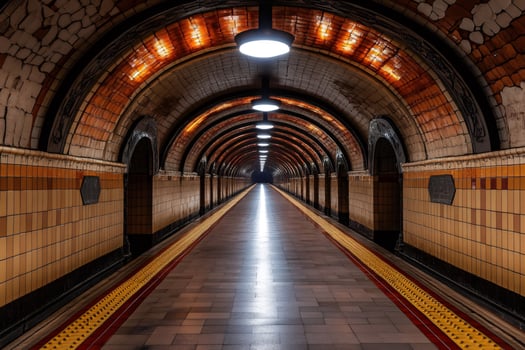 Empty underground city subway tunnel with illuminated ceramic tiles photo