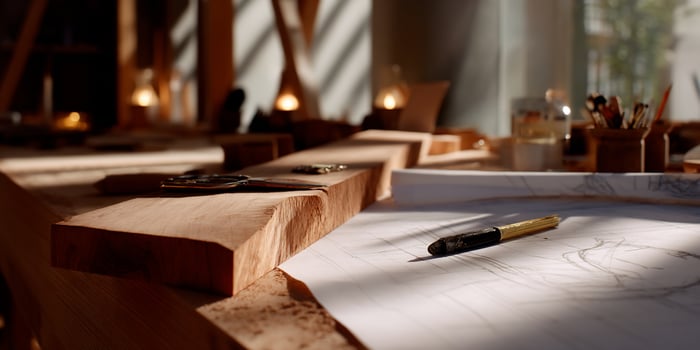 Wooden workbench with drawing supplies photo