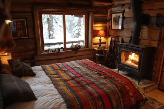 Cozy log cabin bedroom interior with burning fireplace and snowy view photo