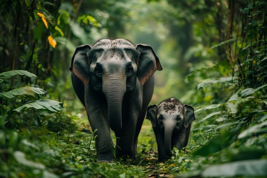 Mother and baby elephant walking through lush green jungle photo