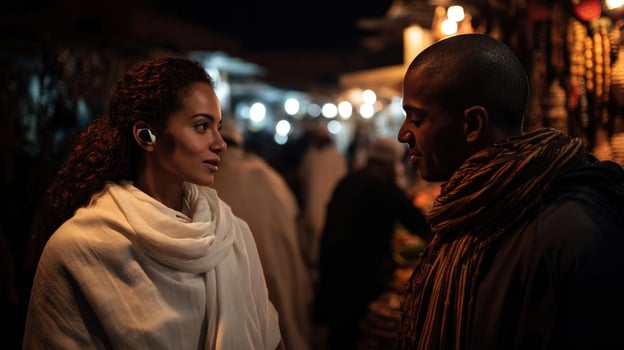 A side profile of a traveler immersed in conversation with a vendor as the AGI companion discreetly communicates phrases through an earpiece blending tingedge technology with the ric photo