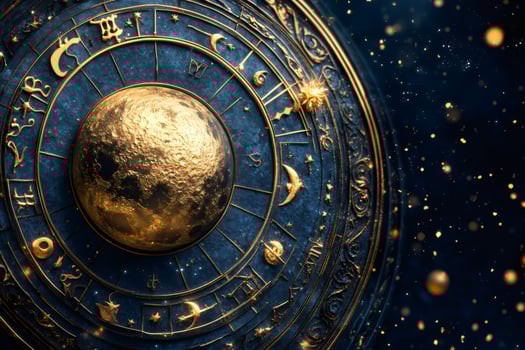 Golden astrological chart showing zodiac signs and planets orbiting around the sun photo