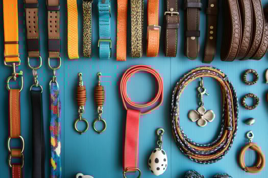 Colorful pet accessories arranged on turquoise blue background photo