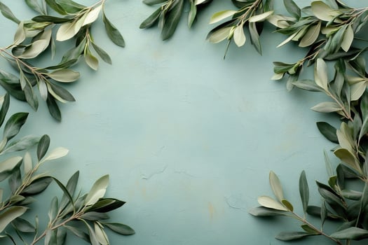 Olive branches creating a frame on a textured turquoise background photo