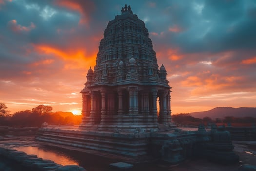 Muvarkovil temple glowing during a colorful sunset in pudukkottai, tamil nadu, india photo