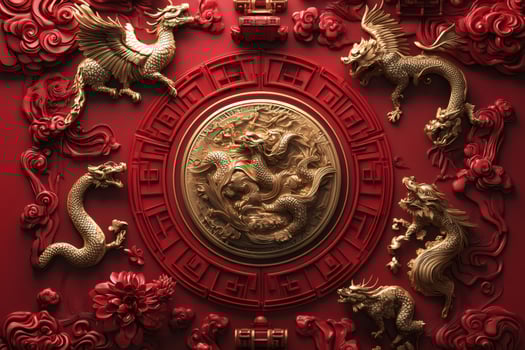 Golden dragons embellishing a red circular chinese ornament photo