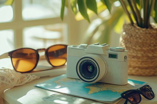 Modern digital camera sitting on world map with sunglasses planning next trip photo