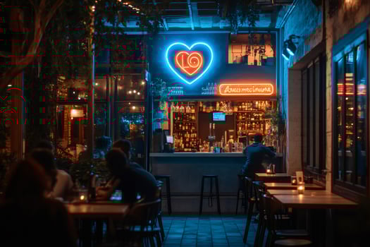 Customers enjoying drinks at outdoor bar with neon lights photo
