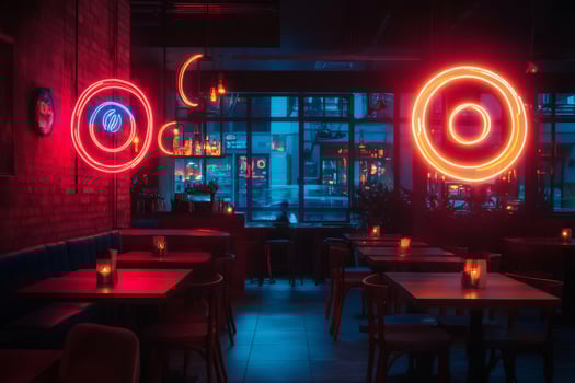 Empty pub interior design with neon lights illuminating tables and bar photo