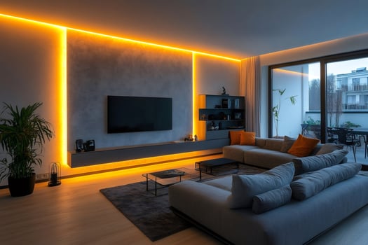 Modern living room interior design with warm led lighting photo
