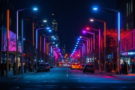 Colorful street lamps illuminating a vibrant city street at night photo