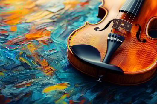 Violin resting on colorful abstract painting evokes artistic harmony photo