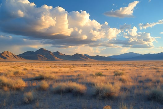 Vast nevada desert landscape with mountains and clouds at sunset photo