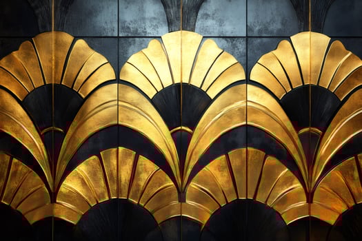 Golden art deco pattern shining on black tiled wall photo