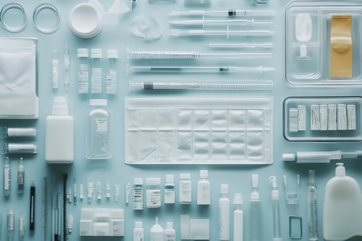 Medical equipment and pharmaceutical products forming an organized pattern on a blue background photo