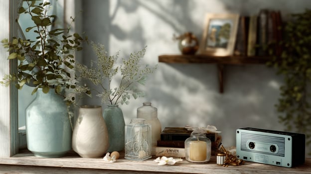 An eclectic collection of trinkets adorns the shelfceramic vases stray photographs and a whimsical globe. Ethereal notes drift from a retro cassette player harmonizing with the rhythmi photo