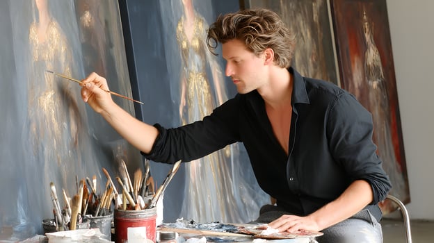 Young Male Artist Painting Portraits in Modern Studio with Brushes and Canvases in Focus photo