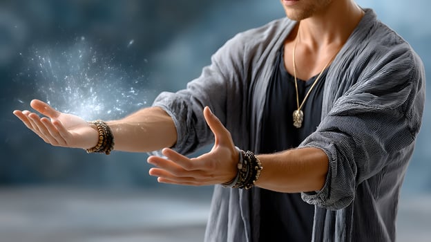Young Man Casting Magical Light with Hands in Dreamy Ambient Background photo