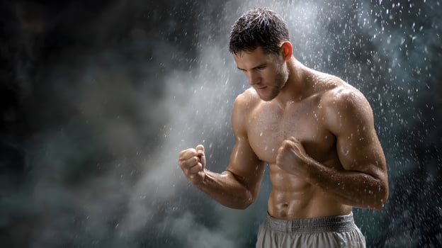 Intense Male Athlete Training in Rain, Focused Expression, Dramatic Lighting, Muscular Build photo