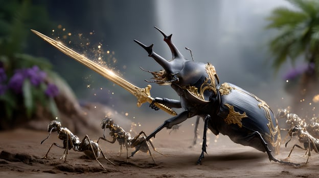 Majestic Beetle Warrior with Sword Leading Army of Ants in Enchanted Forest Setting photo