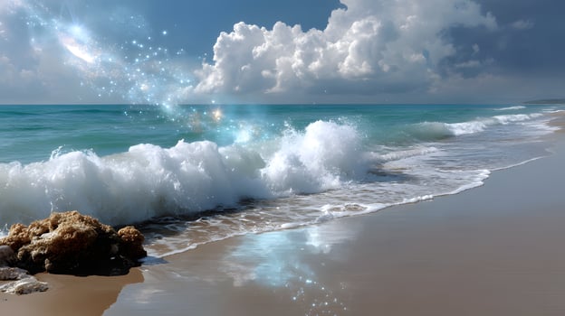 Serene Beach Scene with Gentle Waves and Sparkling Seascape Under a Cloudy Sky photo