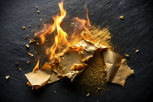 Dramatic Close-Up of Burning Paper with Golden Dust Accents on Black photo