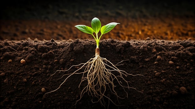 Close up of a small plant growing with intricate root system showing photo