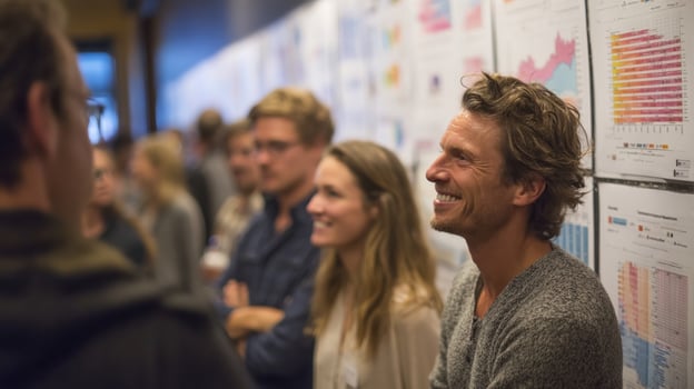Marketing professionals smiling and observing charts on wall during meeting photo