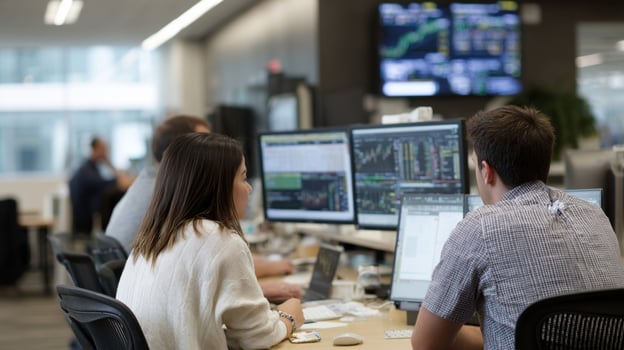 Stockbrokers working at computers in busy office analyzing charts photo