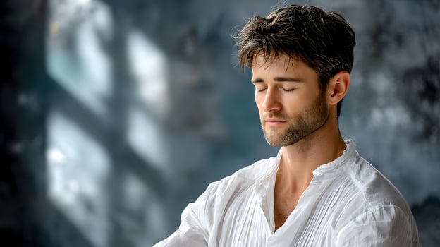 Serene Young Man in White Shirt Meditating with Closed Eyes Against Artistic Background photo