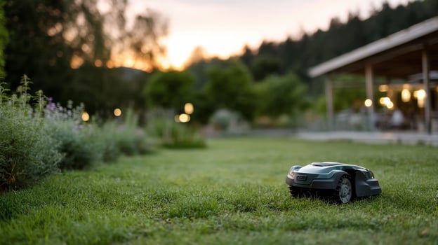 Robotic lawn mower cutting grass in garden at sunset photo