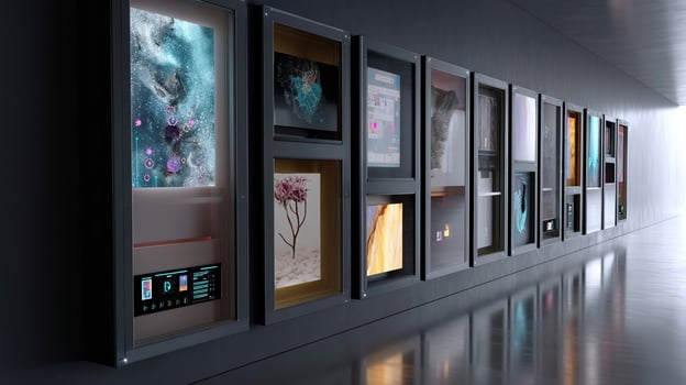 A sophisticated art gallery display featuring diverse NFT artworks within transparent frames complemented by glowing indicators that show blockchain connectivity and provenance photo