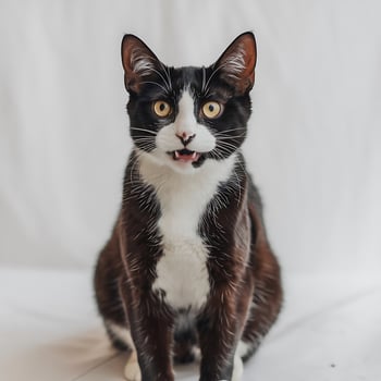 Expressive Tuxedo Cat Portrait with Open Mouth on White Background photo
