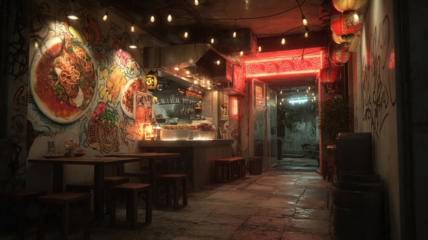 Neon lights illuminating picturesque asian restaurant at night photo
