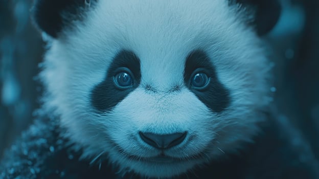 A panda bear with blue eyes and dark hair photo