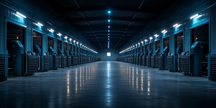 a fully automated cow barn with robotic feeding and cleaning systems working simultaneously, blank right side for text, evenly lit with modern industrial lighting photo