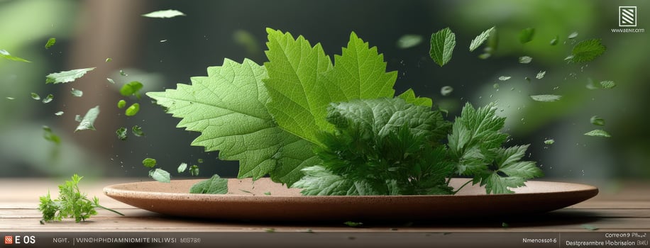 A bowl of green leaves on a table photo