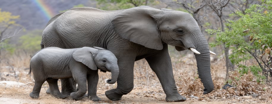 An elephant and her baby walking through the woods photo