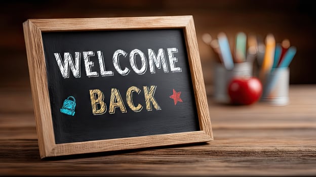 Welcome back sign on a blackboard photo