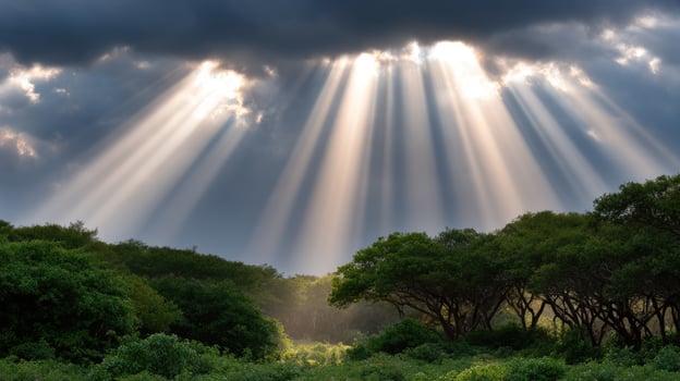 Sunbeams shining through the clouds over a forest photo