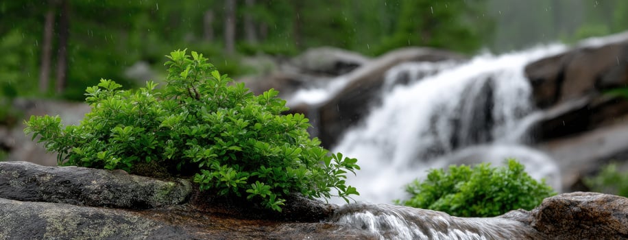 A waterfall is flowing over rocks and trees photo