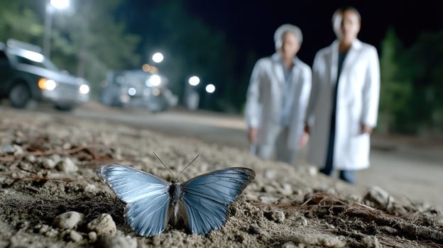 Two people standing next to a blue butterfly on the ground photo