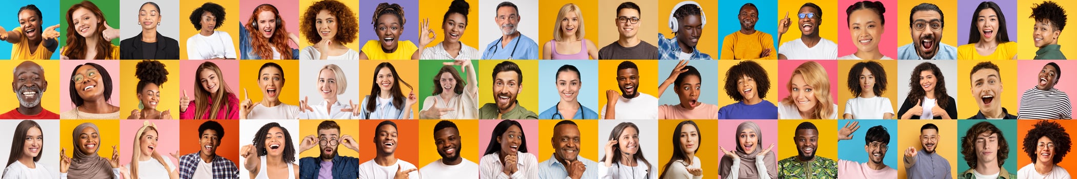 A vibrant collection of diverse individuals showcasing various expressions of happiness against bright backgrounds. This set highlights the beauty of multiracial lifestyles in unison. photo