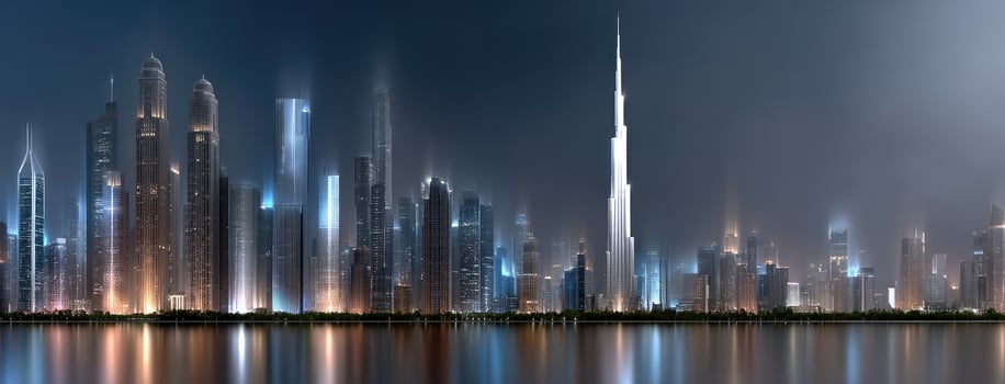 A city skyline at night with lights reflecting off the water photo