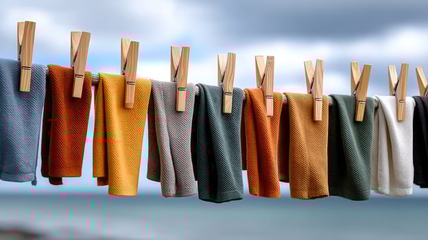 Clothes hanging on a clothesline with wooden pegs photo